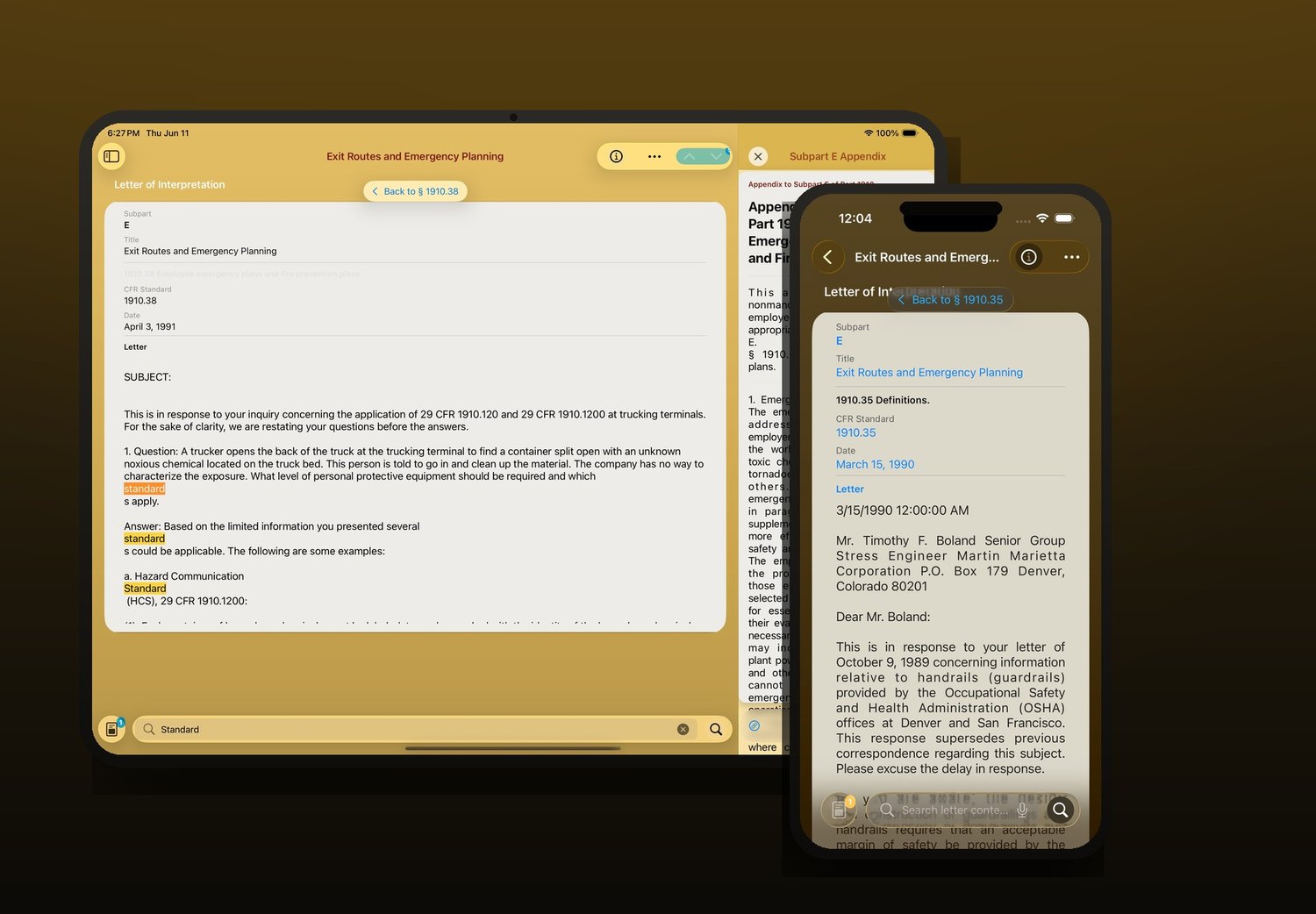 Letter of interpretation on iPad alongside the same letter on iPhone