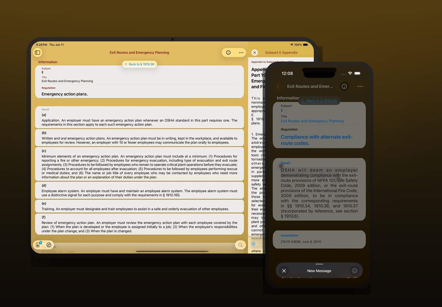 iOSHA e-Reference regulation, letters and appendix on iPad with the matching section on iPhone