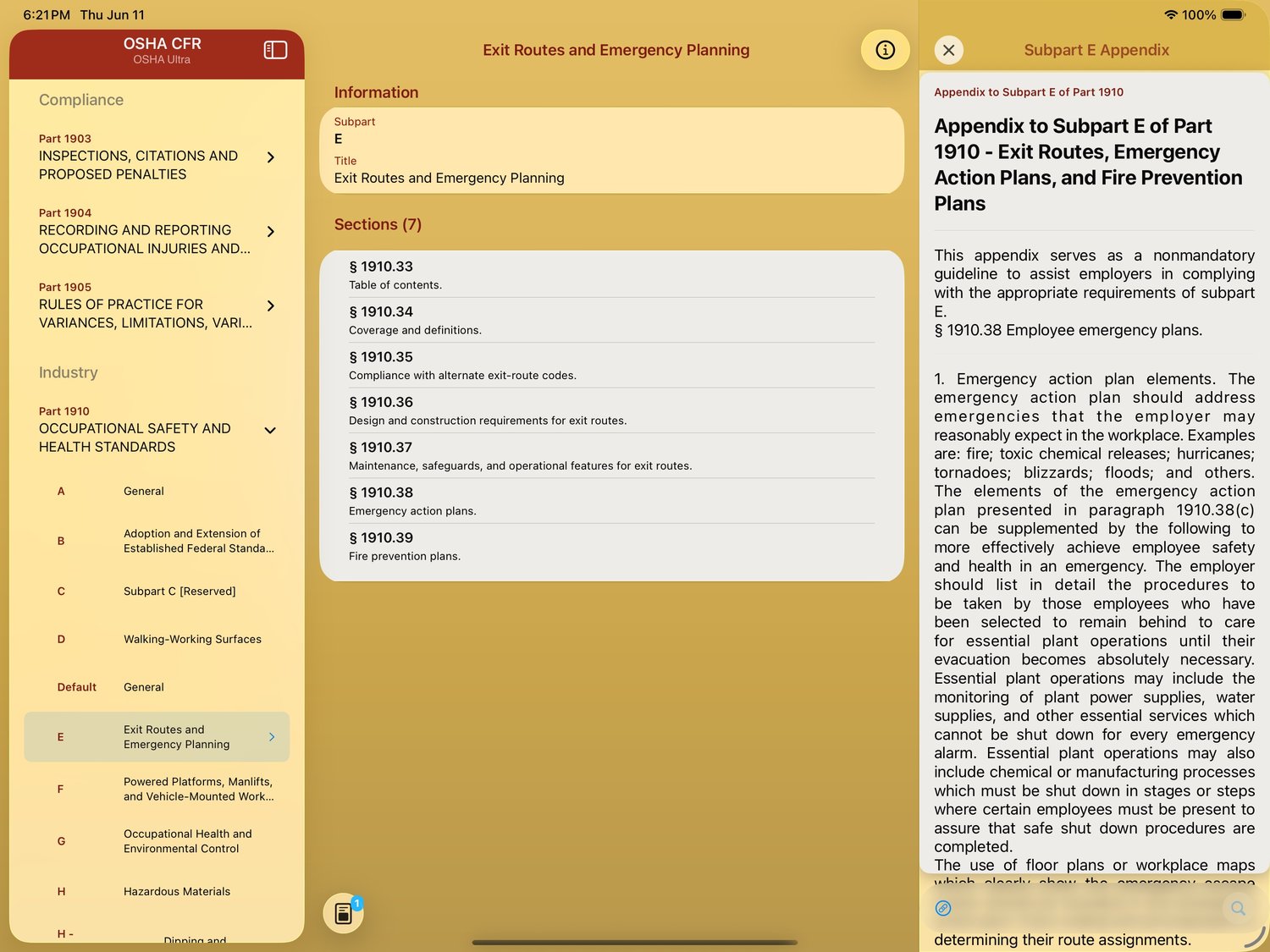 iPad sections list with master sidebar and appendix