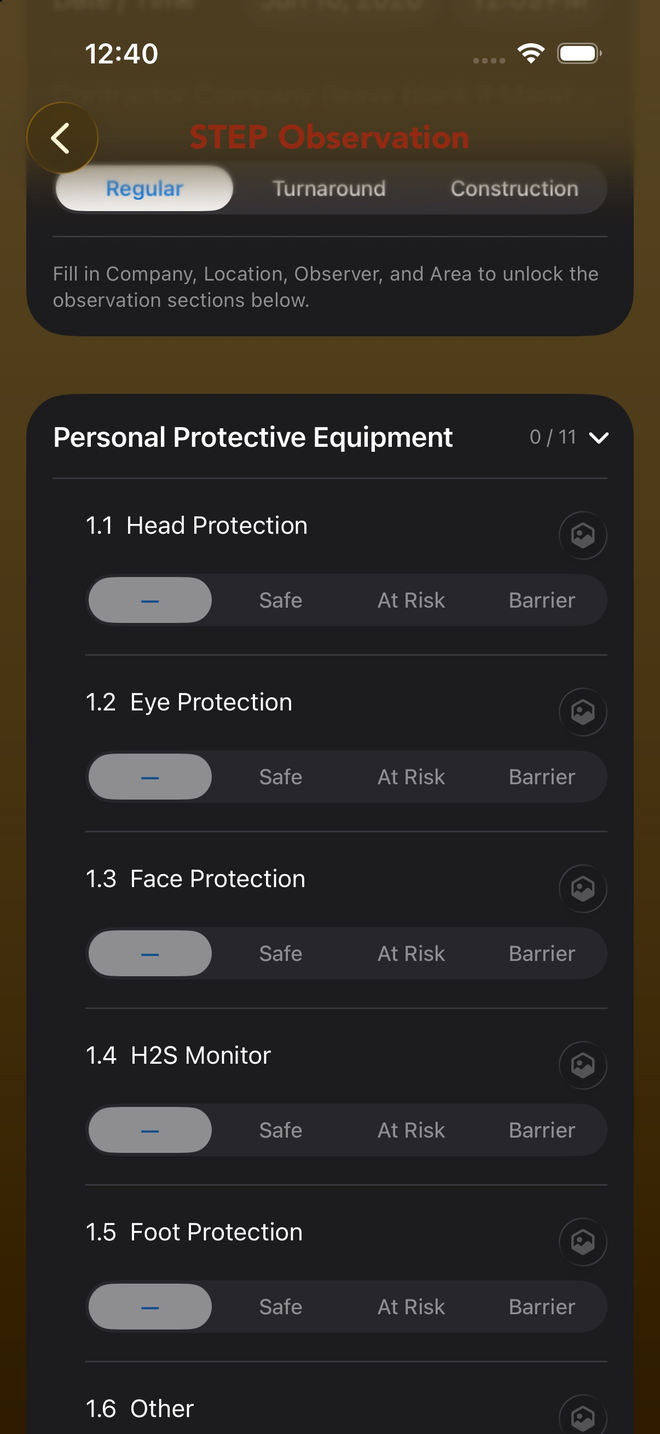 Personal Protective Equipment observation with Safe / At Risk / Barrier