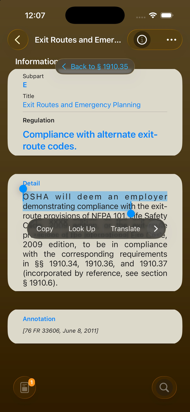 Copy, Look Up and Translate options on regulation text
