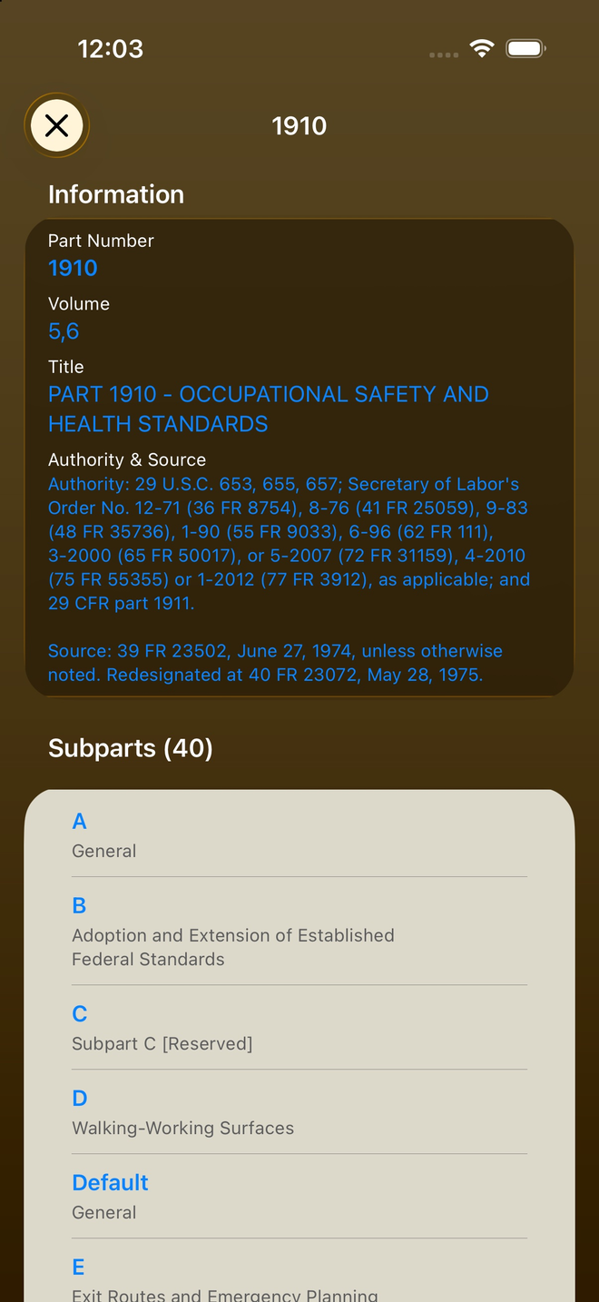 Part 1910 information and subparts list