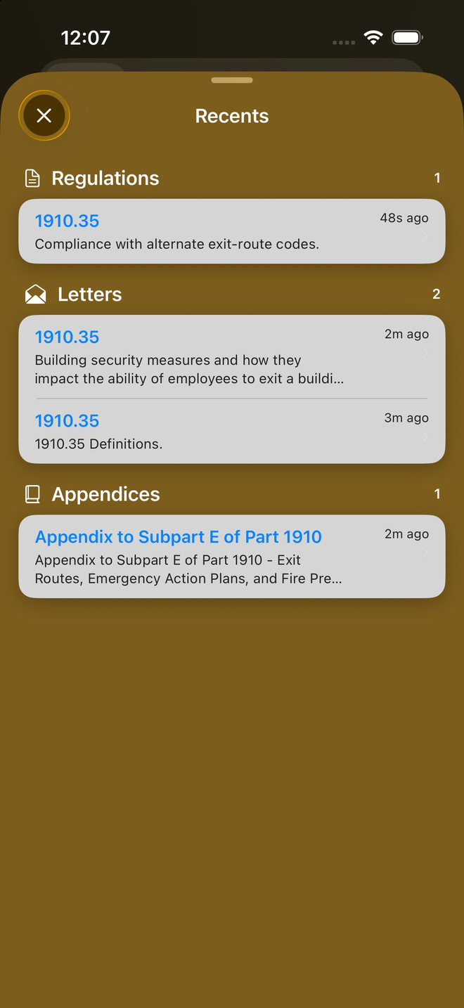 Recents grouped by regulations, letters and appendices